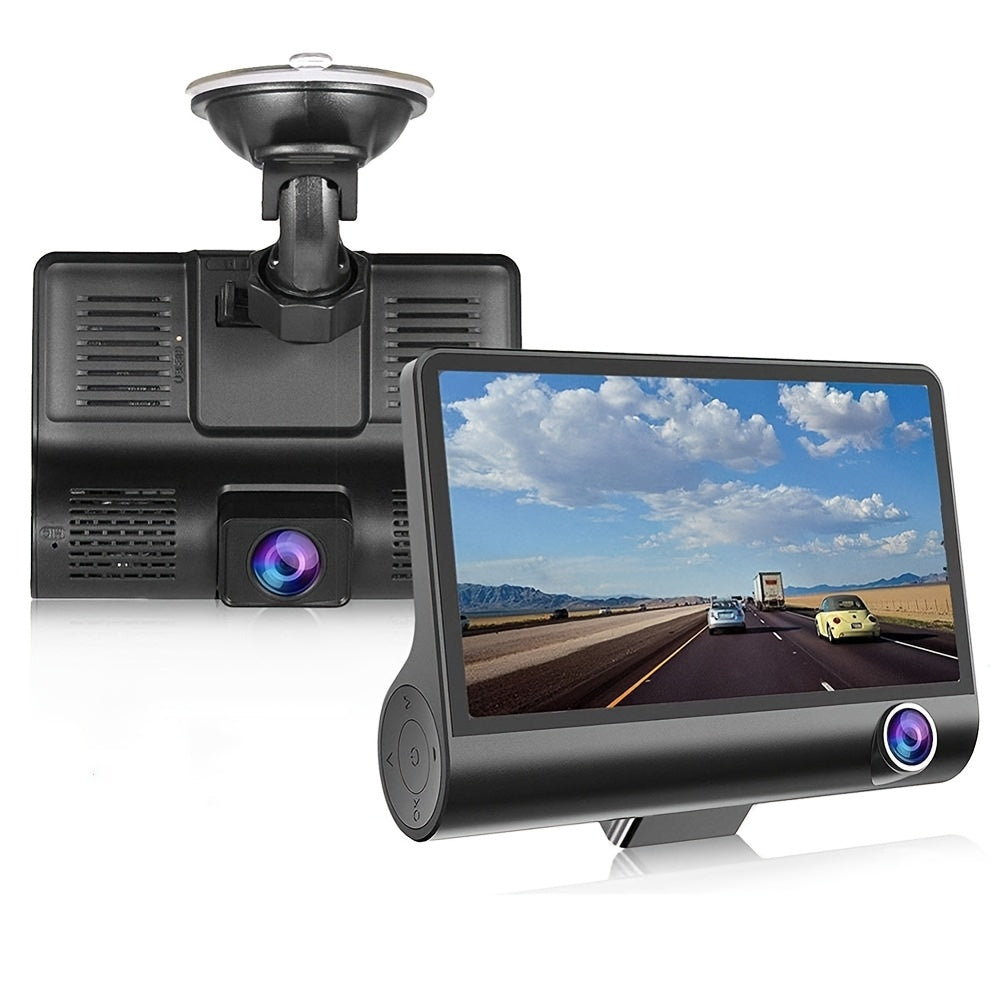 Dual dash cam with front and rear HD night vision, interior camera, suction mount, 720p video, push button control, rechargeable battery, universal driving position, laptop compatible.