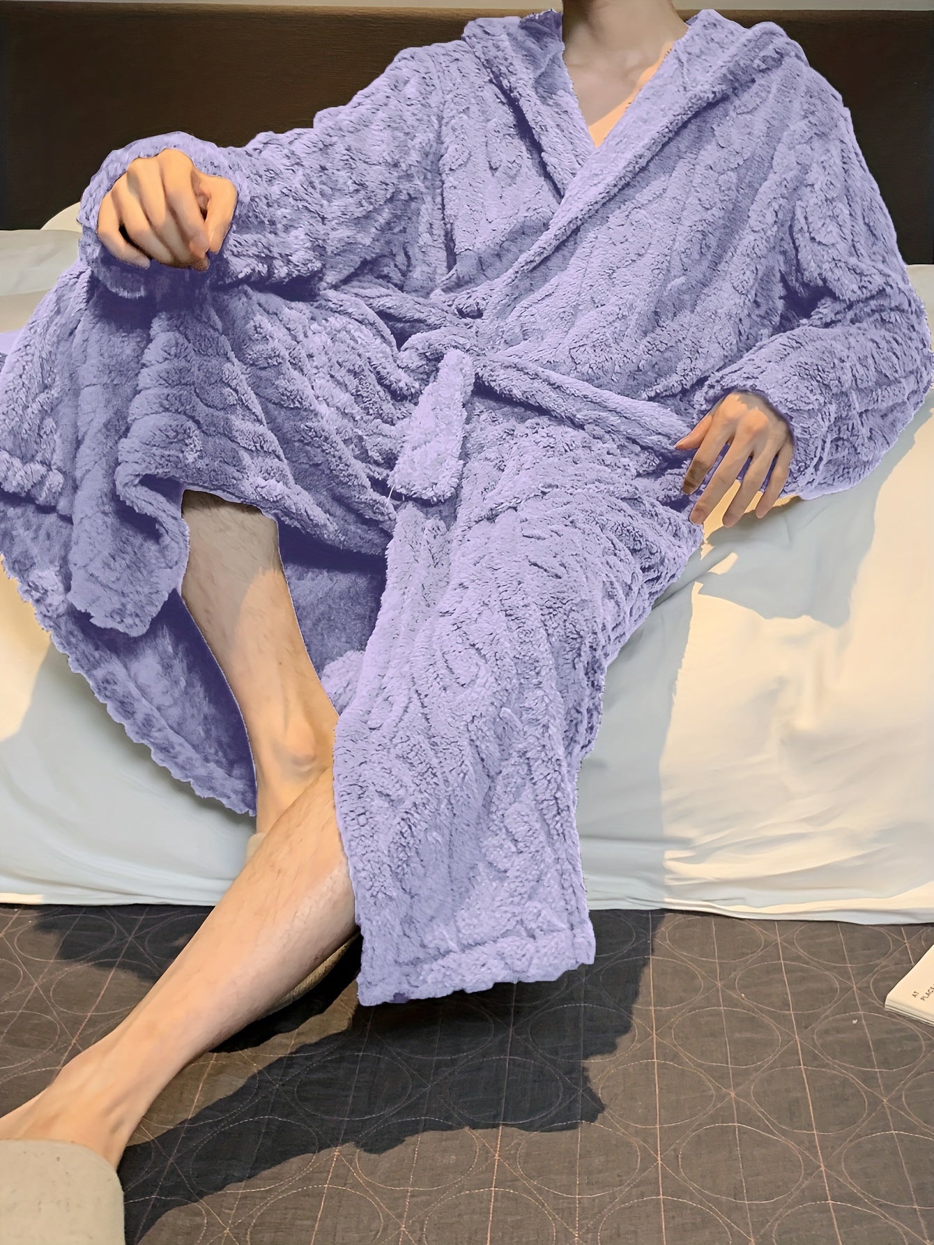 Men's hooded fleece robe for autumn and winter comfort. Soft plush texture, machine washable.