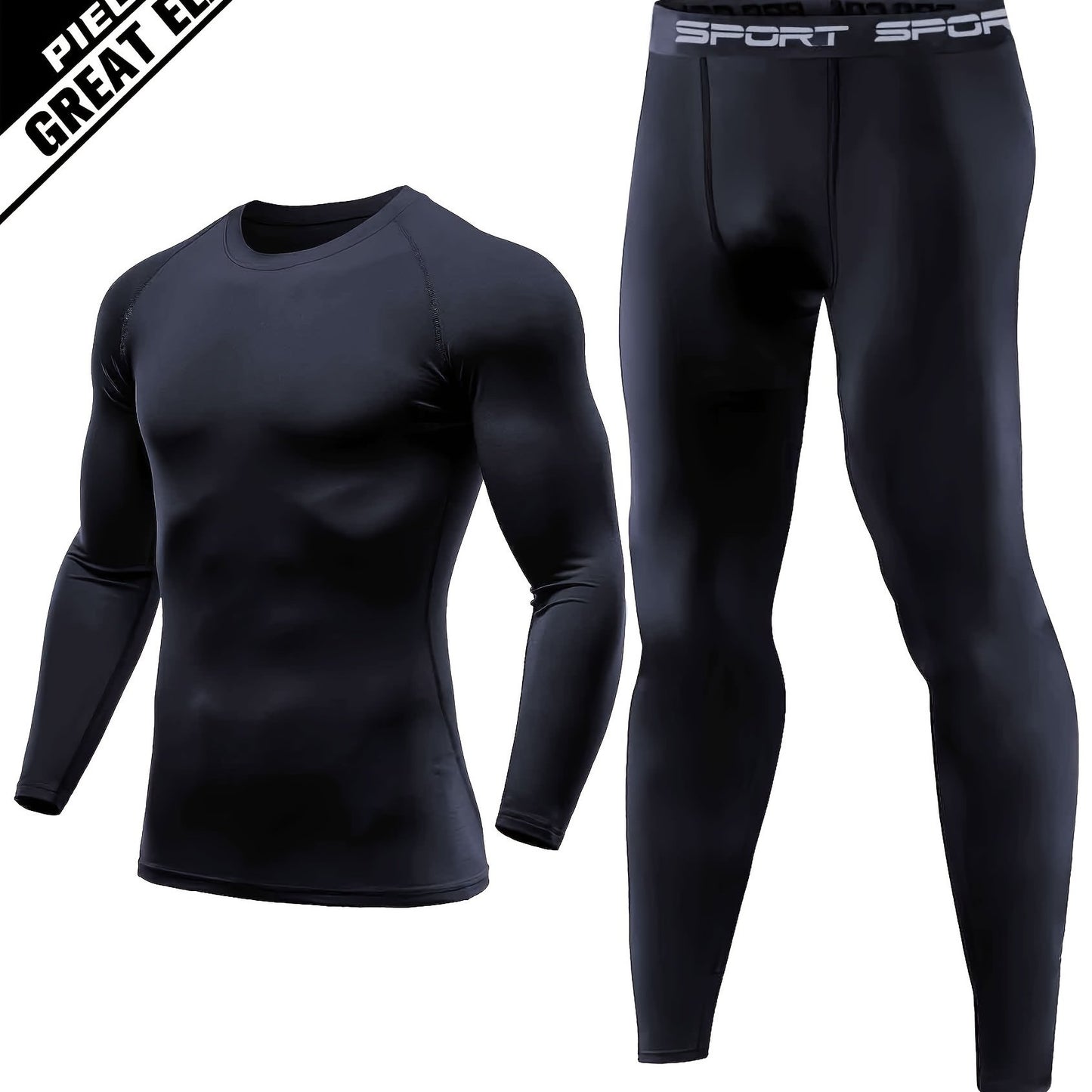 Set of 2 men's athletic underwear with high stretch polyester fabric in solid color. Includes long sleeve compression shirt and leggings for running, basketball, training, and outdoor