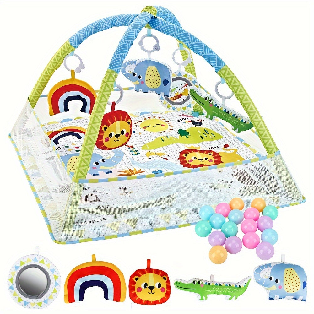 Assembly required, this infant activity center play gym features a multifunctional fence, cloth mat with a jungle animal theme, soft hanging toys, and an educational playmat suitable for newborns up to 3 years old. This would make an ideal gift for