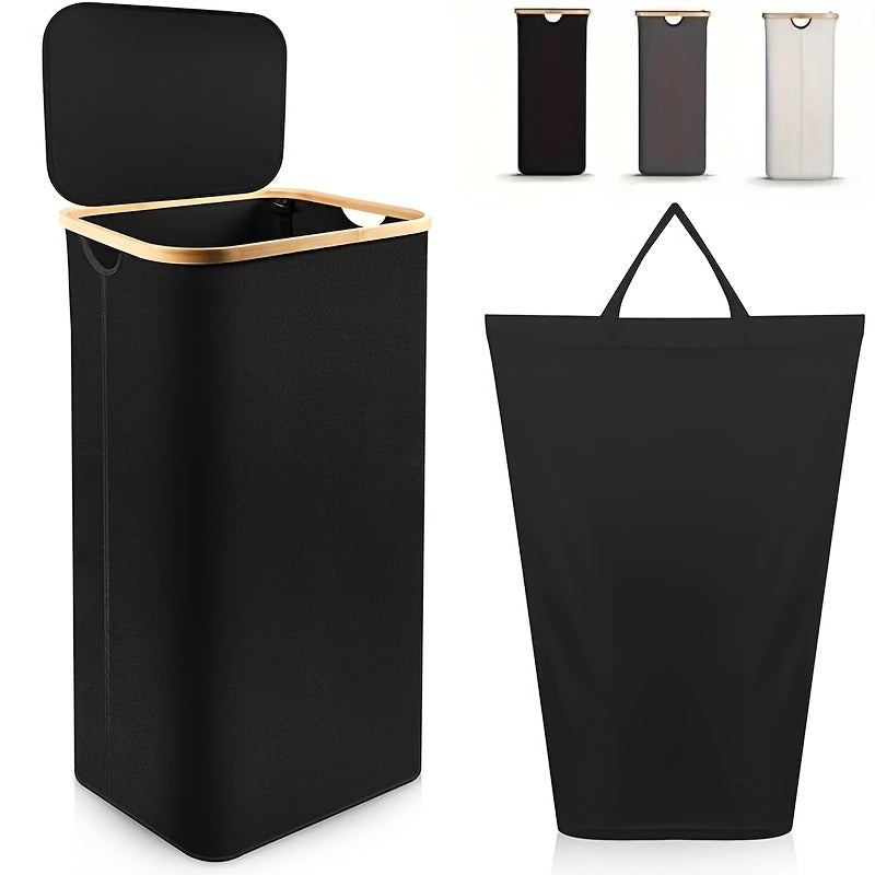 One large laundry basket with lid, able to hold up to 100L of laundry. This tall organizer basket is perfect for dirty clothes and can be easily folded when not in use. It includes handles for easy carrying, a waterproof removable bag, and is collapsible