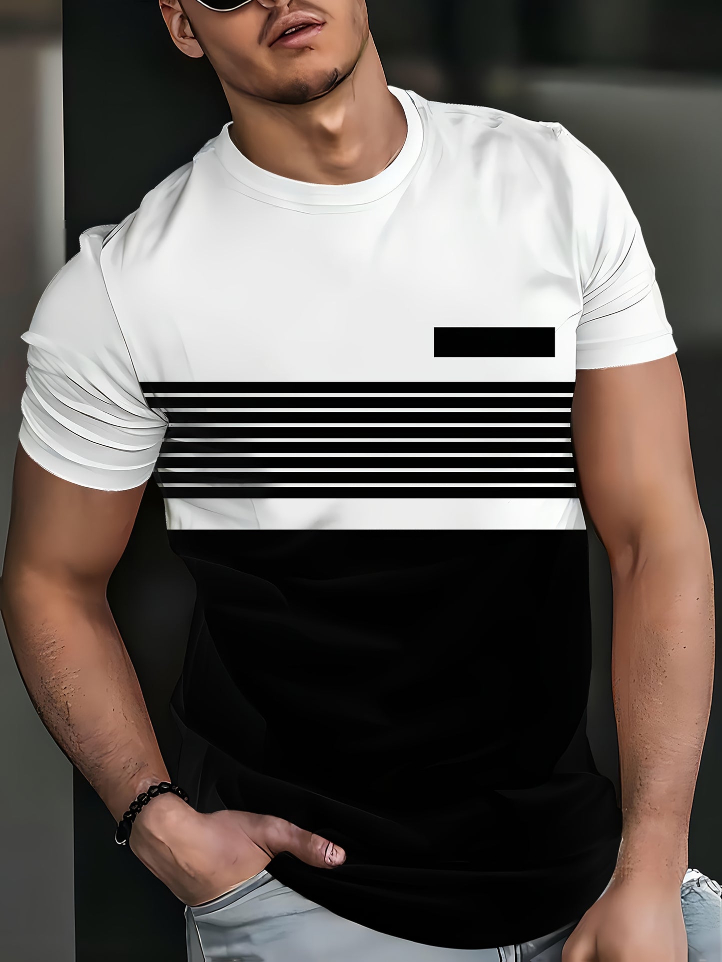 Men's striped 3D print tee - breathable poly blend, crew neck, short sleeve summer top.