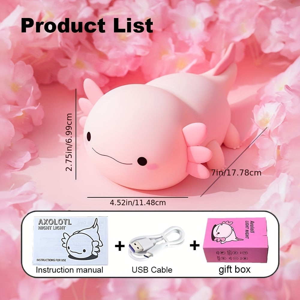 Cute Axolotl night light with touch control, dimming, and timer. USB rechargeable silicone lamp for kids' bedrooms.