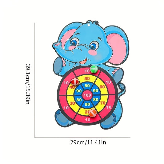 Elephant Dart Board Game for Kids - Interactive sticky wall toy with random color balls, cartoon design, for indoor/outdoor play, textile material.