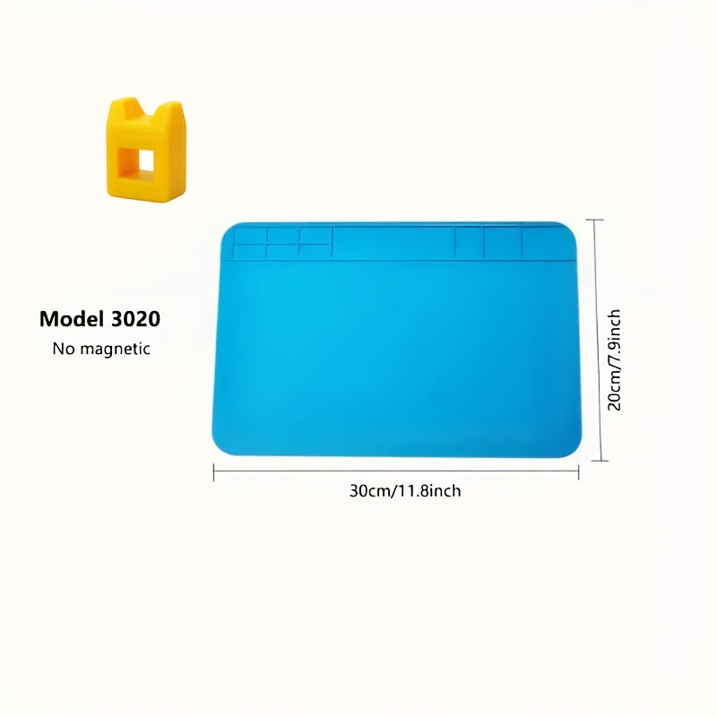 Silicone repair mat with magnetic tools for mobile phone and computer repair. Great for high-temperature heat gun welding. Ideal for digital repair workstations.