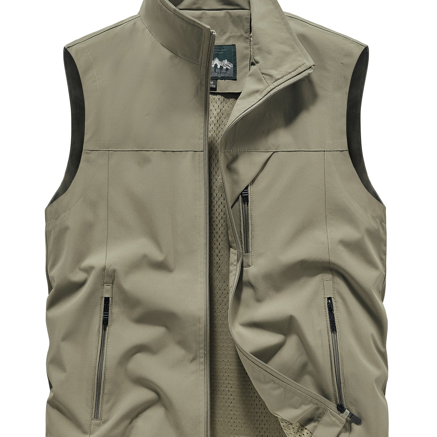 Men's Sleeveless Jacket with Zipper Pockets, Stand Neck Vest for Outdoor Activities.