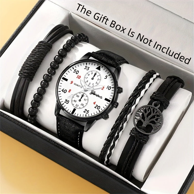 Set of 5 Fashion Men's Casual Black Leather Watches with Life Tree Design and Rope Strap