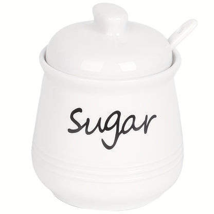 Elegant ceramic sugar jar with lid and spoon, 12oz capacity, 8.99x11.0cm, multiple color options, ideal for coffee bars and restaurants, easy to clean.