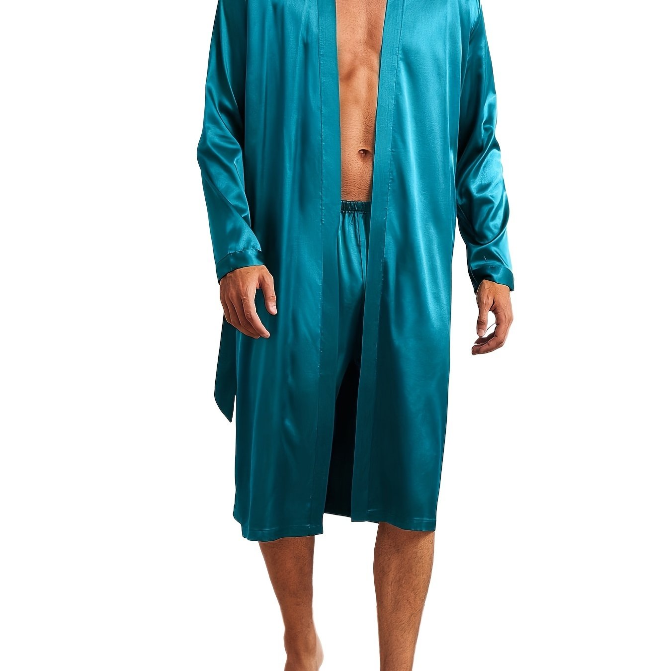 Men's simple style casual pajama sets, comfy solid robe, lace-up robe, and loose shorts home pajama sets.