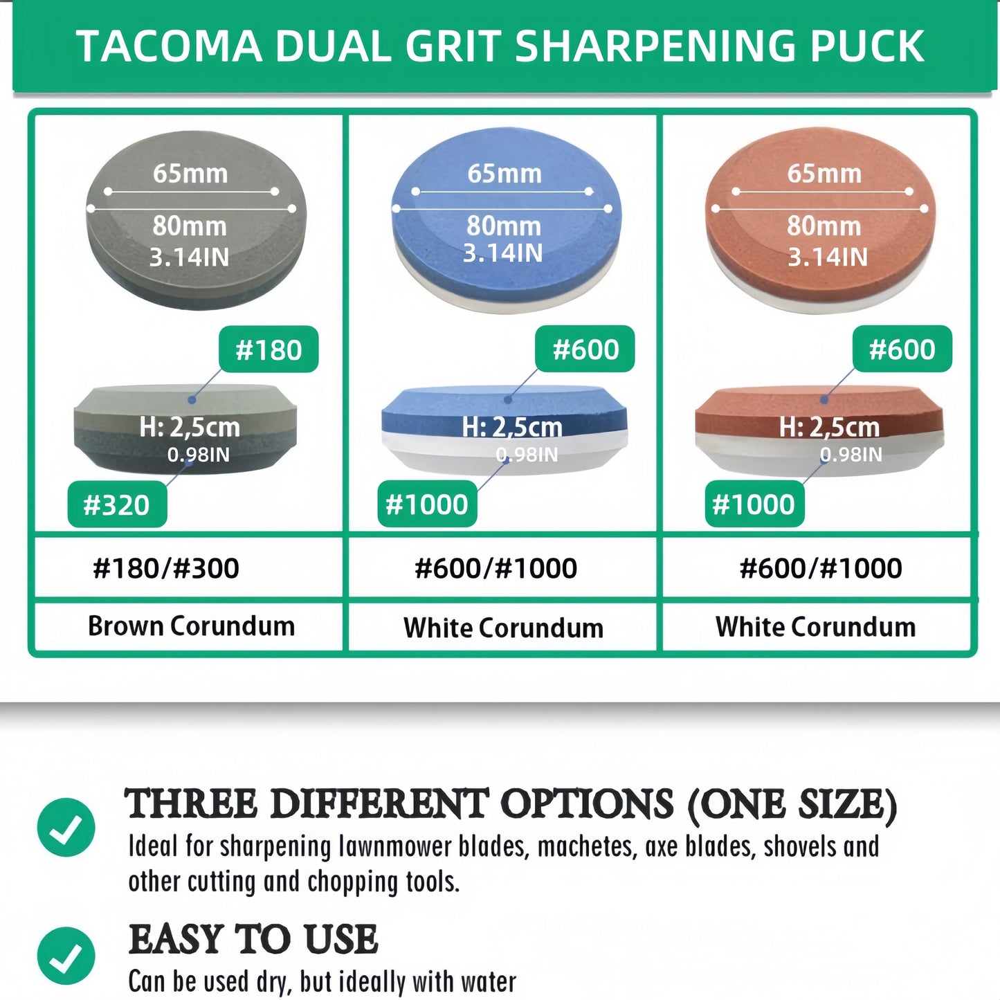 The Tacoma Professional Sharpening Stone is perfect for sharpening axes and hatchets. With dual grit options of 180/320 or 600/1000, this high-hardness whetstone is ideal for camping and home use. Effortlessly sharpen your knives with the Tacoma