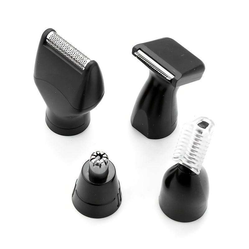 KEMEI 4-in-1 grooming kit for men, USB rechargeable, ABS material, suitable for ear, nose, eyebrow, and beard trimming.