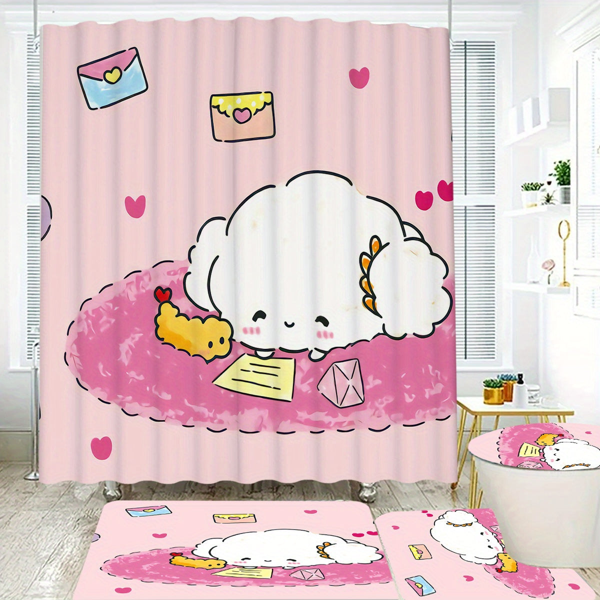 Set of 4 Cartoon Shower Curtains featuring HelloKitty, MyMelody, Kuromi, and Little Twin Stars. Includes Non-slip Carpet, Toilet Seat Cover, and Bath Mat. Perfect for Halloween and Christmas decor. Made from Waterproof Polyester Knitted Fabric. Comes