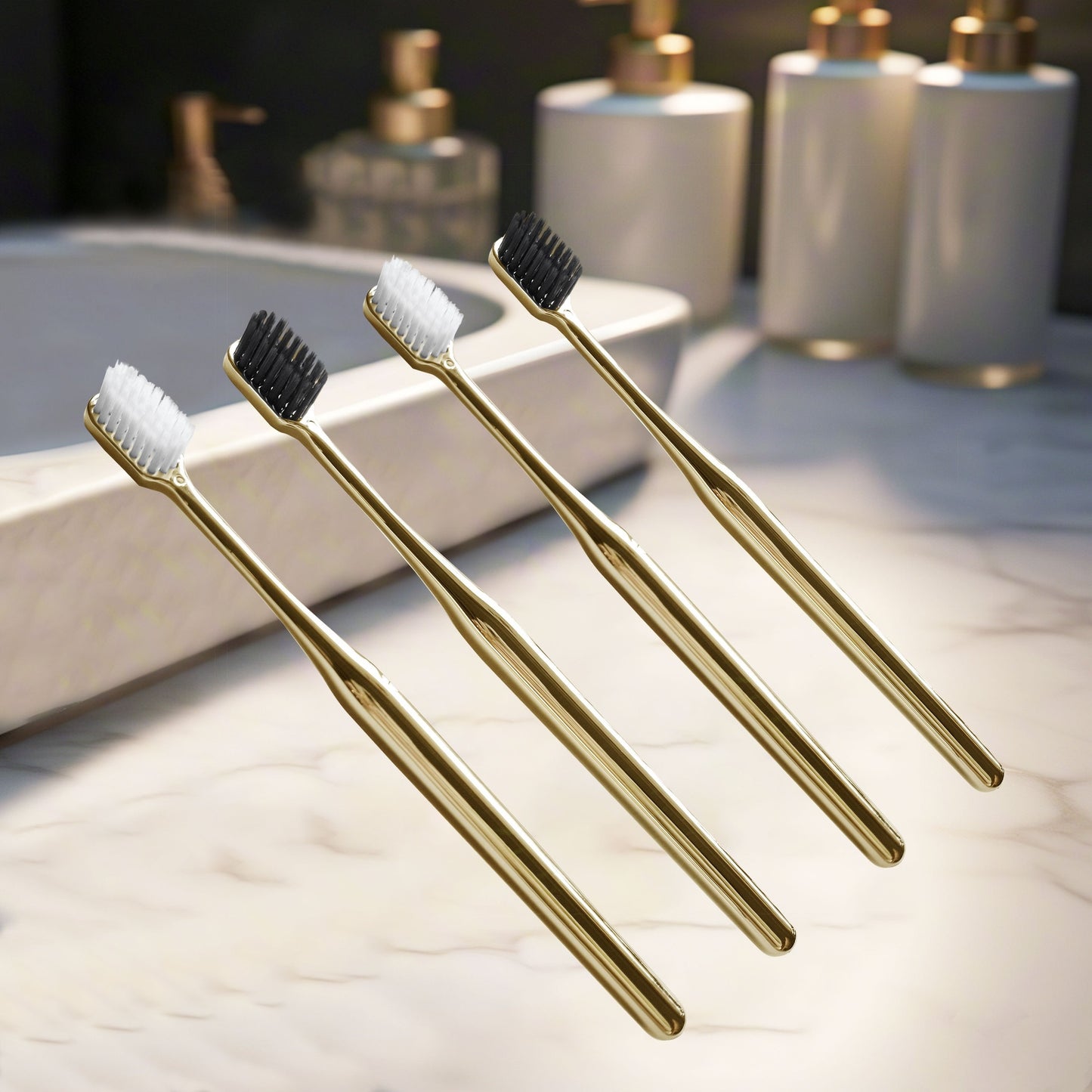 High-end gold and silver plated toothbrush with bamboo charcoal fiber bristles for deep cleaning oral care; individually packaged for couples or adults.