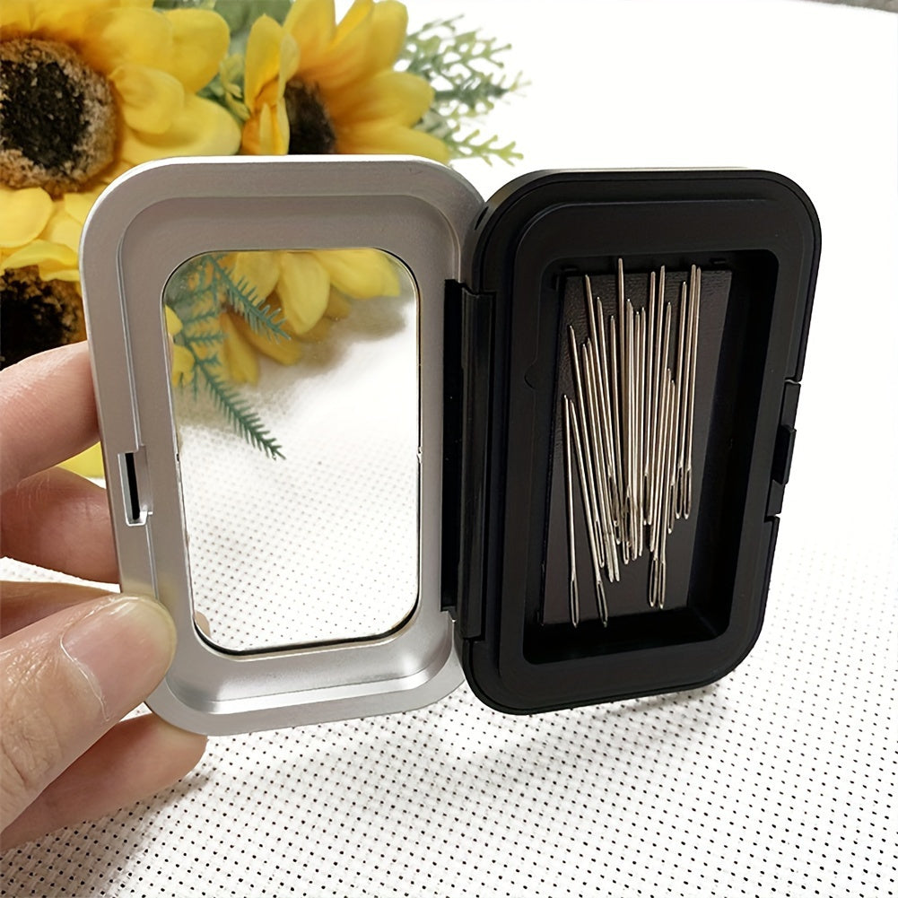 Durable stainless steel magnetic sewing needle case for pins, buttons, and crafts - portable black storage box for embroidery accessories.