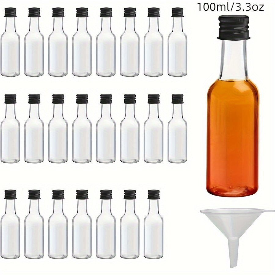 50 reusable plastic mini liquor bottles in 0.85oz and 1.7oz sizes, perfect for weddings and birthdays. Ideal for alcohol, juice, wine, or hot sauce.