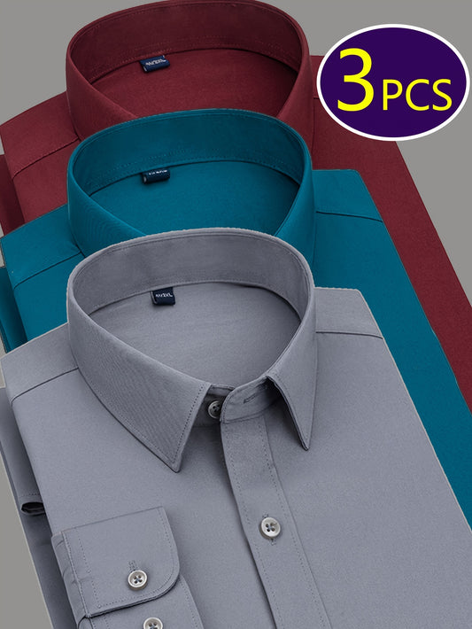 3 men's dress shirts with solid color and lapel collar, suitable for formal occasions.