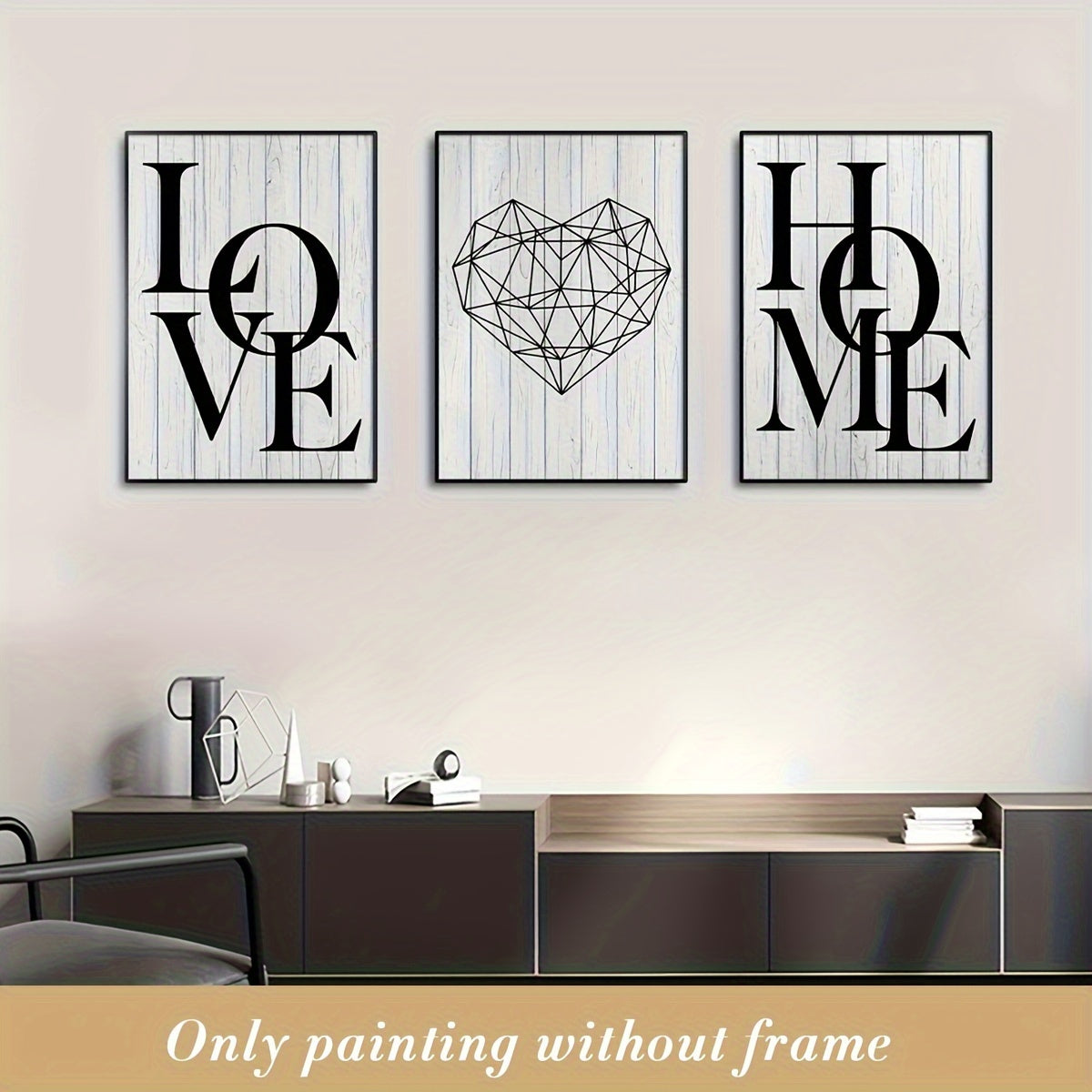 Scandinavian Love & Home Canvas Art Set: 3 Frameless Black and White Prints with Geometric Heart Design, Ideal for Modern Living Room Decor.