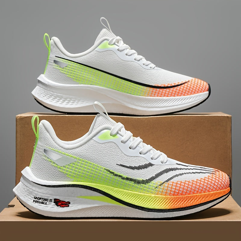 Trendy men's running shoes with gradient striped design, ideal for outdoor training and traveling.