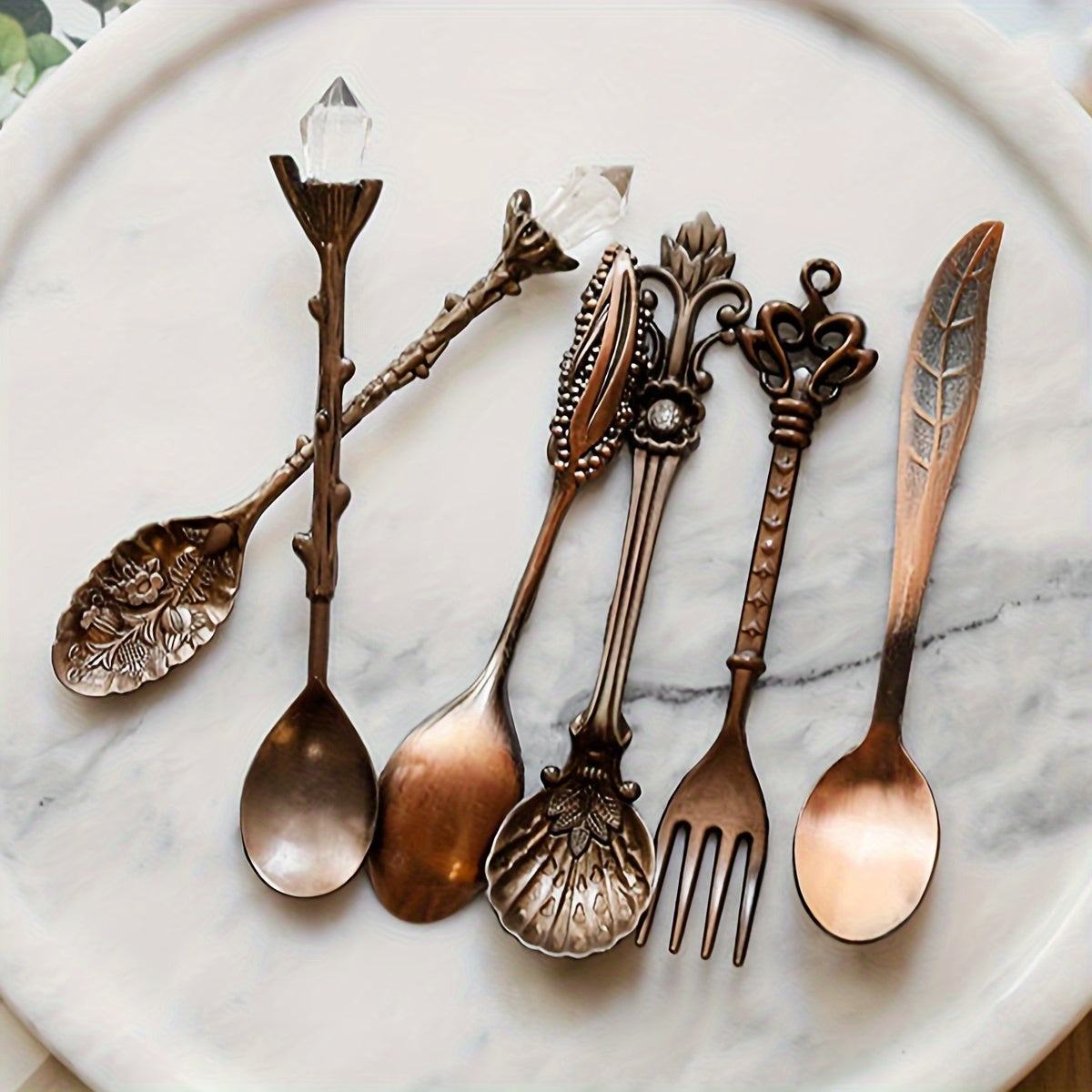 Set of 6 European golden vintage spoons for desserts and coffee, with carved fruit designs, ideal for kitchen, dining, and bar use.