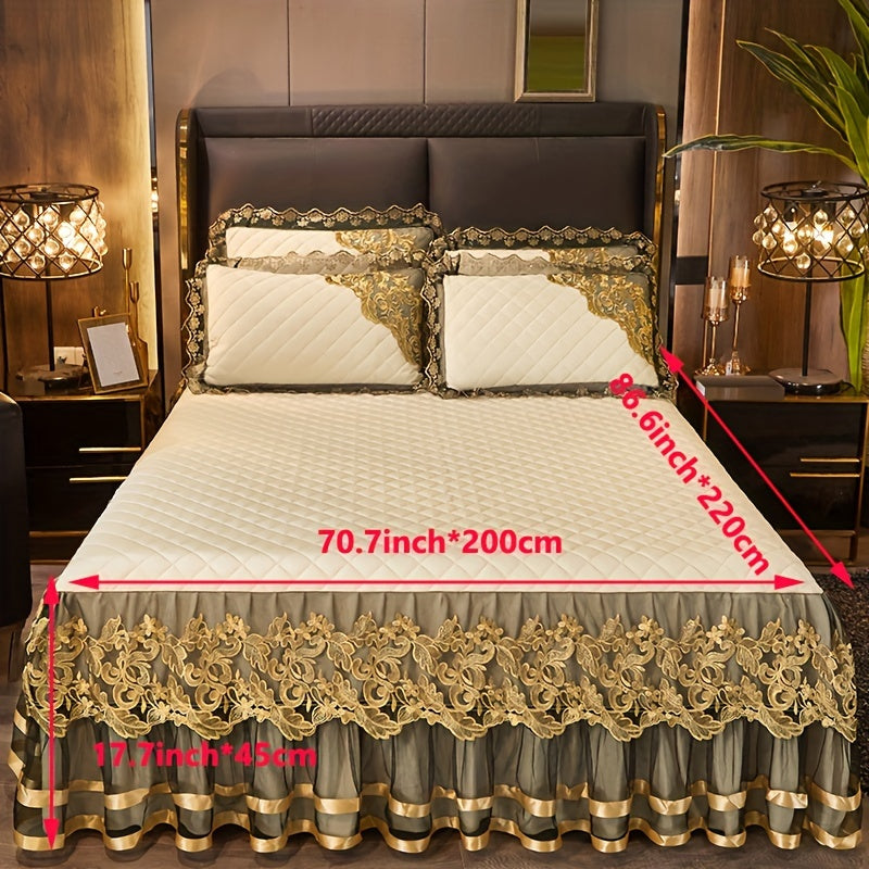 3-piece set of solid color bed skirts with lace detail, including 1 bed skirt and 2 pillowcases. Features a quilted layered design with elegant ruffled accents. The moisture-wicking, wrinkle-resistant mattress cover includes ties for easy removal.