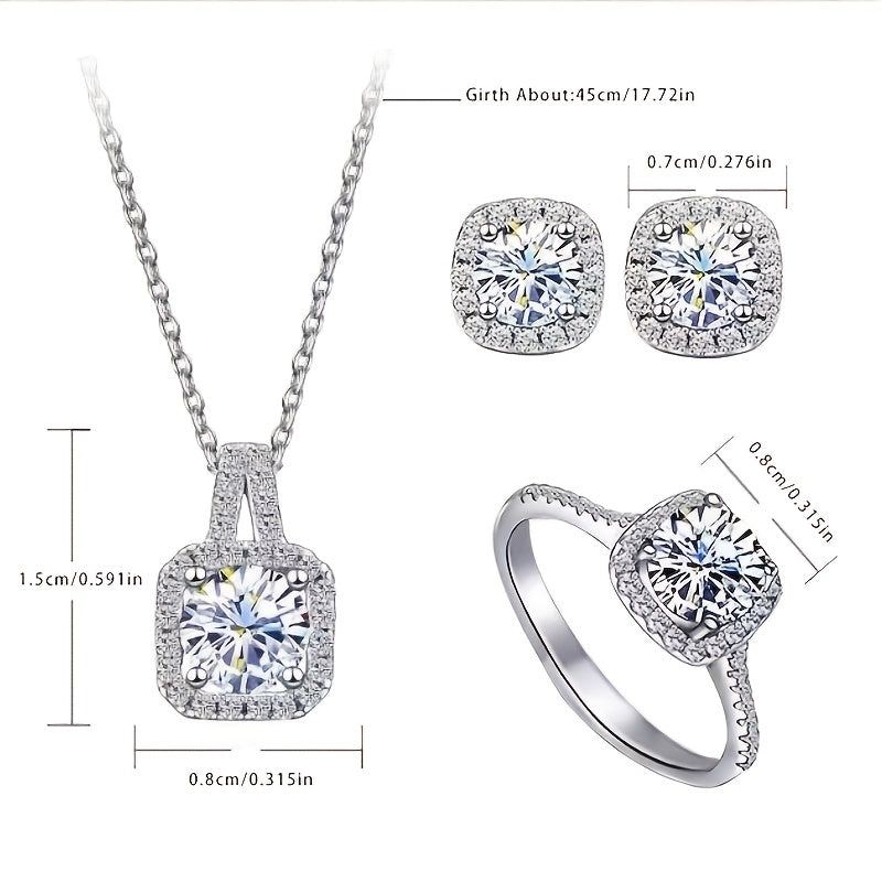 A stunning three-piece set featuring a necklace, earrings, and ring adorned with brilliant moissanite diamonds. Perfect for a girl's evening dress ensemble, this set makes an exquisite gift.