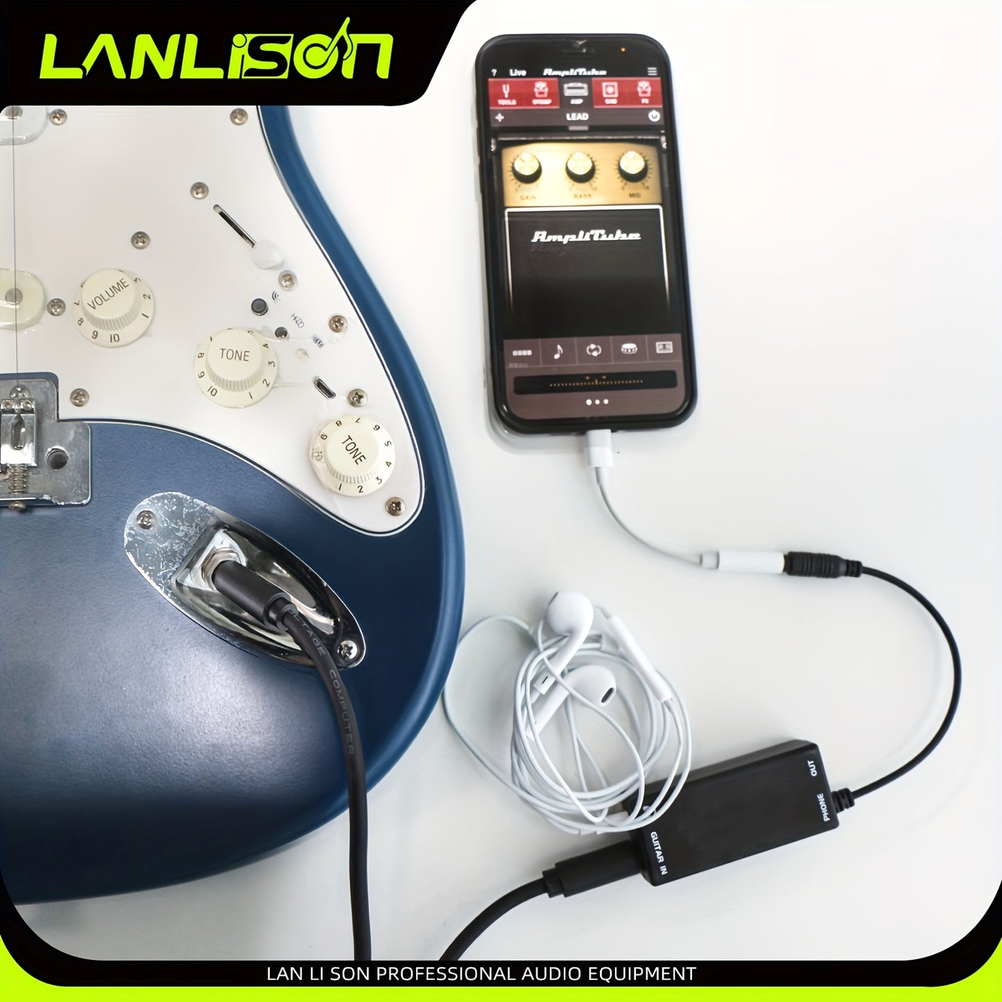 Lanlison Audio Adapter connects various instruments to smartphone for recording, effects, and conversion.