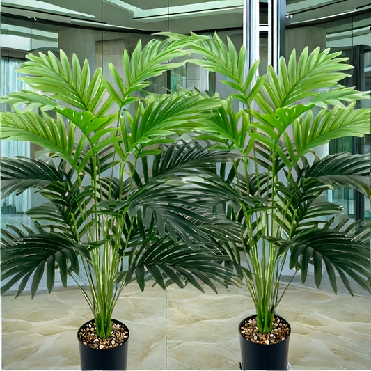 2-pack UV resistant artificial palm trees measuring 65.0cm with real touch plastic greenery for home and office decor. Ideal for various holidays and occasions. Suitable for indoor/outdoor floor placement, no container or electricity required.