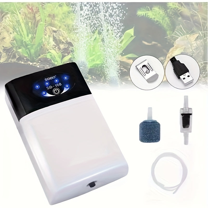 Rechargeable portable aquarium air pump with tube for fish tank breeding.