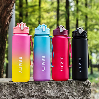 Durable, lightweight, and portable frosted plastic water bottle with scale for outdoor sports and office use.