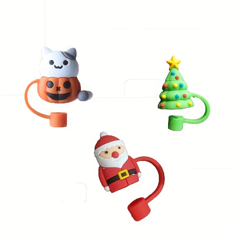 Christmas Silicone Straw Cover - Reusable and Cute Cartoon Design featuring Santa Claus, Christmas Tree, Pumpkin, and Cat. Includes Halloween Drinking Straw Tips, Toppers, and Dust-proof Plug. Perfect for Parties, Travel, Camping, and Home Use.