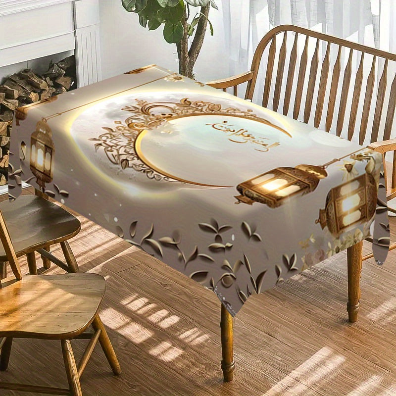 Eid Al Fitr tablecloth in polyester with golden moon and lantern pattern, waterproof, stain resistant, easy to clean, reusable, suitable for indoor/outdoor use in kitchen and dining room.