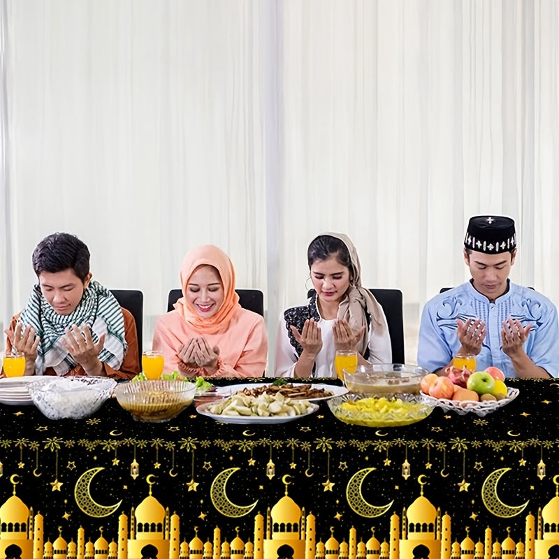 Eid Mubarak tablecloth for Islamic celebrations, featuring moon and star design in black and gold. 130x220cm machine-made plastic tablecover for Eid Al Adha and Ramadan Kareem parties.