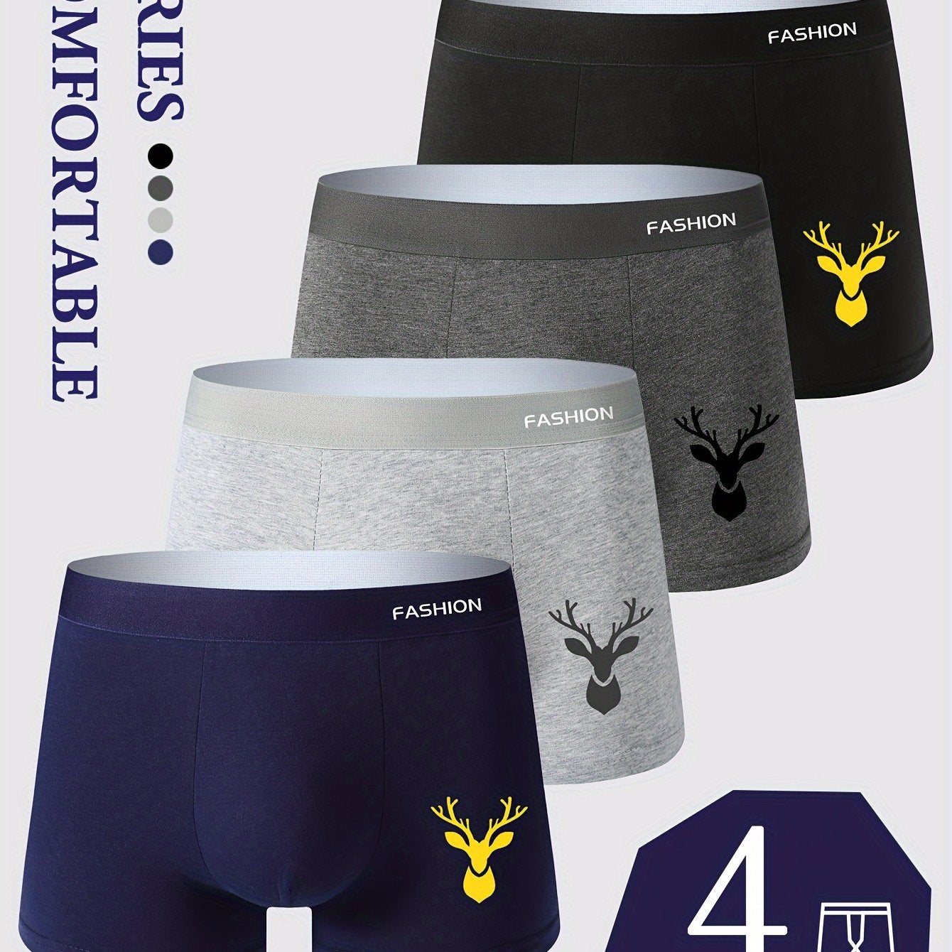 4 men's boxer briefs with fashionable prints, comfortable waistband, and breathable fabric made of 92% polyester and 8% spandex.