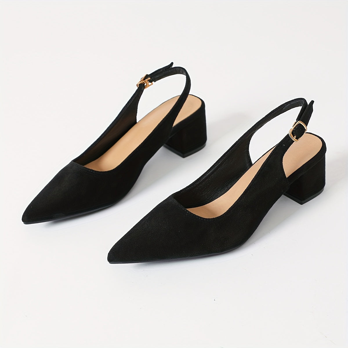 Black velvet chunky heel pumps for women with pointed toe, ankle strap, and mid-height design. Elegant and versatile shoes suitable for all seasons. Synthetic cover.