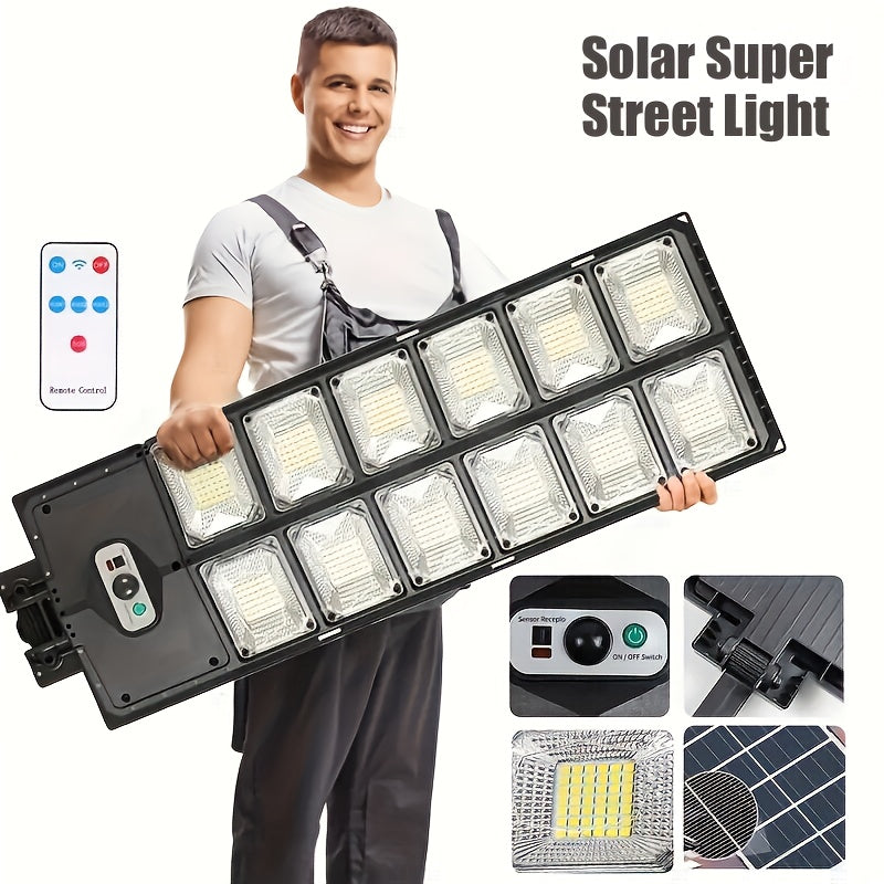 LOVEWE Solar Street Lights Outdoor with Motion Sensor, Remote Control, and Infrared Sensor. Solar powered with non-rechargeable button battery. Ideal for yard, deck, garden, and parking lot