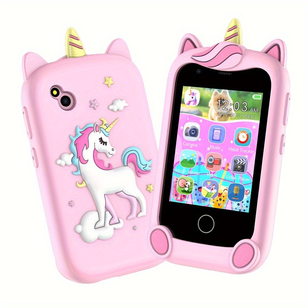 Kids Smart Phone Toy with 2.8-inch HD screen, puzzle games, storybooks, video recording, music player, camera, painting, flashlight, alarm clock, USB charging, rechargeable battery, PC