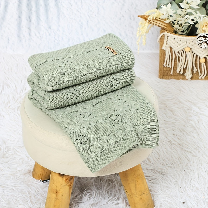 This versatile solid color throw is perfect for spring and summer. Made of soft knit cable, it features a beautiful hollow-out design. Available in khaki, light green, and white, this blanket must be hand washed to keep it looking its best.