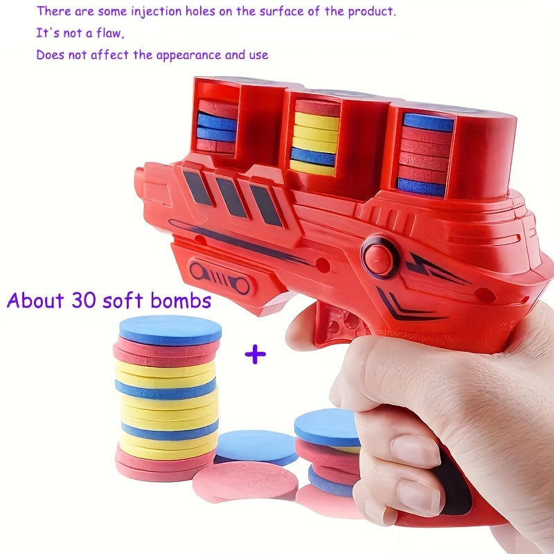 Safe foam disk launcher gun for interactive indoor and outdoor play for boys and girls. Perfect for birthday gifts, school rewards, and party favors. Suitable for cat interaction.