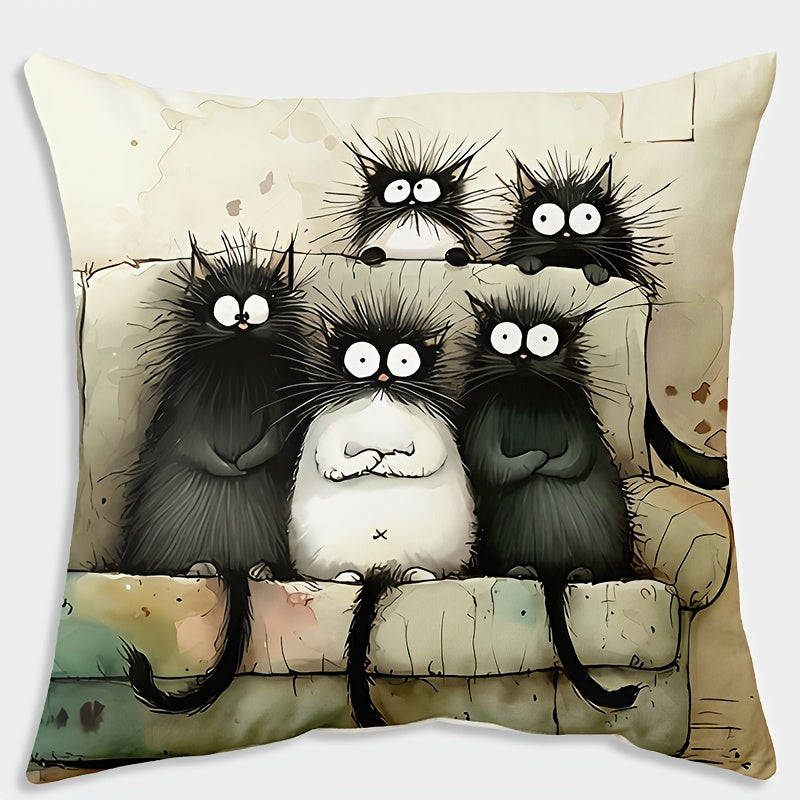 Cartoon cat print linen throw pillow cover, 44.96cm x 44.96cm - machine washable, zipper closure, woven polyester decorative case for sofa, living room, bedroom - single piece.