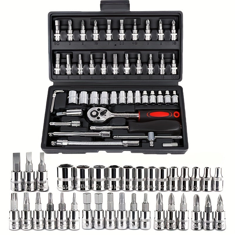 46-piece car repair tool set includes spanners, socket wrench, ratchet, torque wrench, screwdriver, and accessories for cars, bicycles, and motorcycles. Portable and multifunctional.