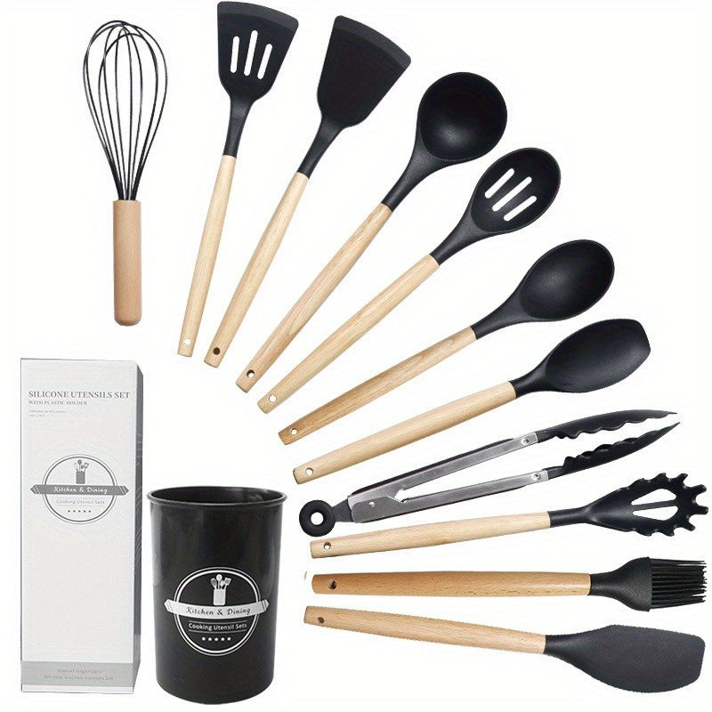 Silicone Kitchen Utensil Set with 12 Pieces - Non-Stick, Food Grade Cooking Tools Including Spatulas & Soup Spoon for Home and Restaurant Use