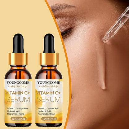 2 pieces of Vitamin C & Retinol Facial Serum - Hydrating Essence with Hyaluronic Acid, evens skin tone, fragrance-free for all skin types.