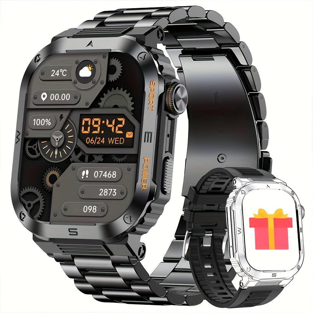 New durable smart watch for men with wireless calling, sports and fitness features, AI voice assistance, and outdoor capabilities with phone connectivity.