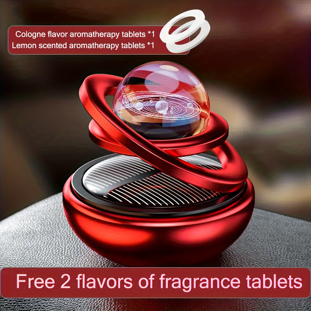 Solar-powered rotating car air freshener with original scented perfume for decoration and aromatreatment in car interiors, suitable for both men and women.