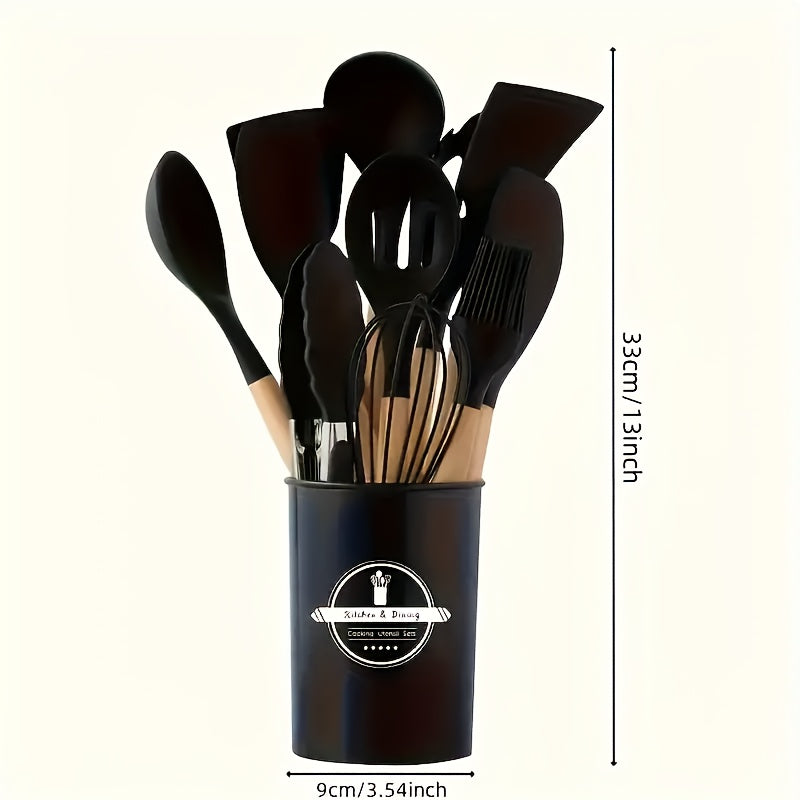 Silicone Kitchen Utensil Set with Wooden Handles - 12 Pieces - Ideal for Home and Restaurant Use - Non-Stick and Heat-Resistant Cooking Tools - Great for Holidays like Halloween, Christmas, Easter, and Thanksgiving