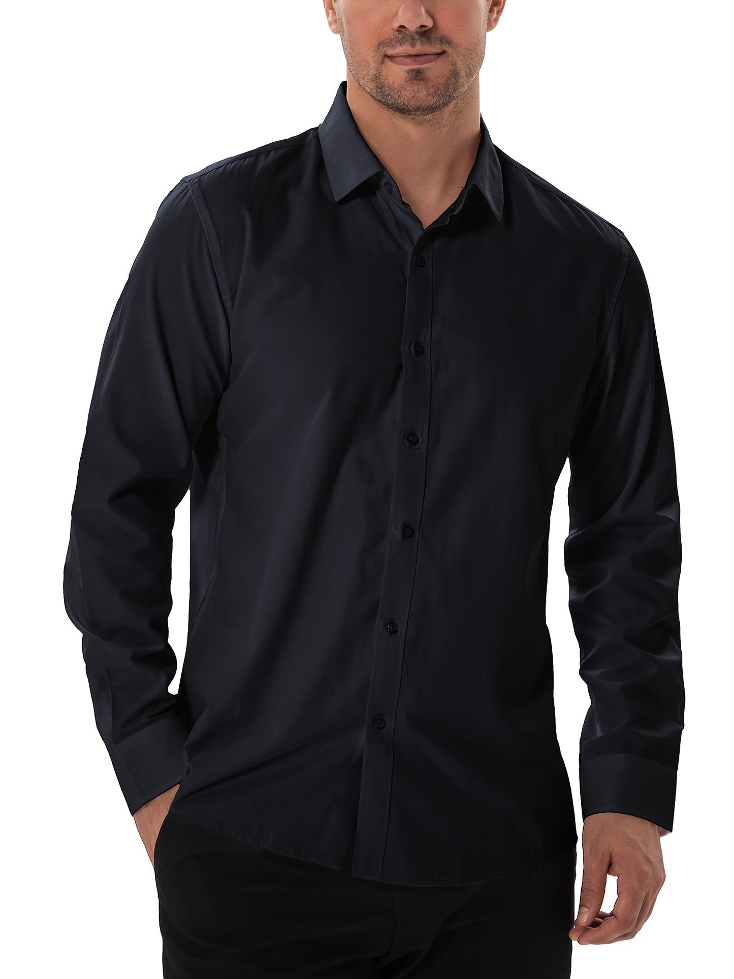 Men's All-Season Work Shirt, Cotton-Poly-Spandex Blend, Long Sleeve, Lapel Collar, Button Closure, Regular Fit, Woven Fabric