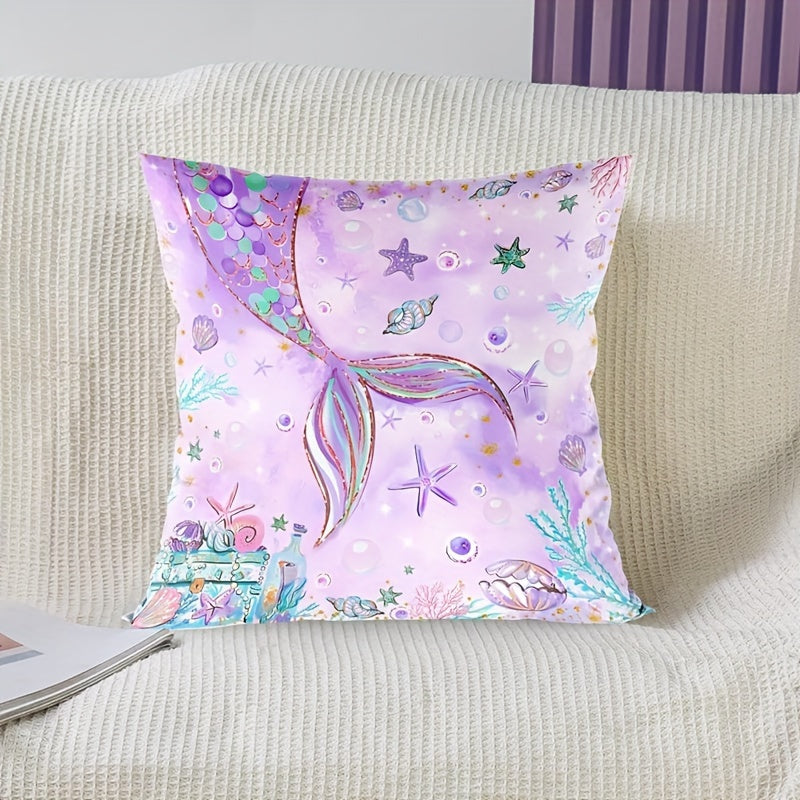 Whimsical Mermaid Tail Pillowcase - This unique pillowcase features a mermaid tail design made from soft peach skin polyester. The zippered cushion cover is in a vibrant purple color with colorful sea creatures and plants. It is machine washable and