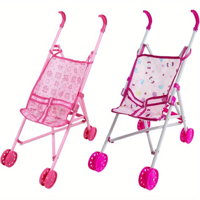 Durable Doll Stroller Designed for Kids, Featuring Cartoon Pattern, Made of Plastic with T-Belt, Push Handle & Removable Seat, Perfect for Imaginary Play, Style2 Doll Carriage, No Batteries Required, Suitable for Ages 3-6, Ideal Party Favor or Gift Toy.