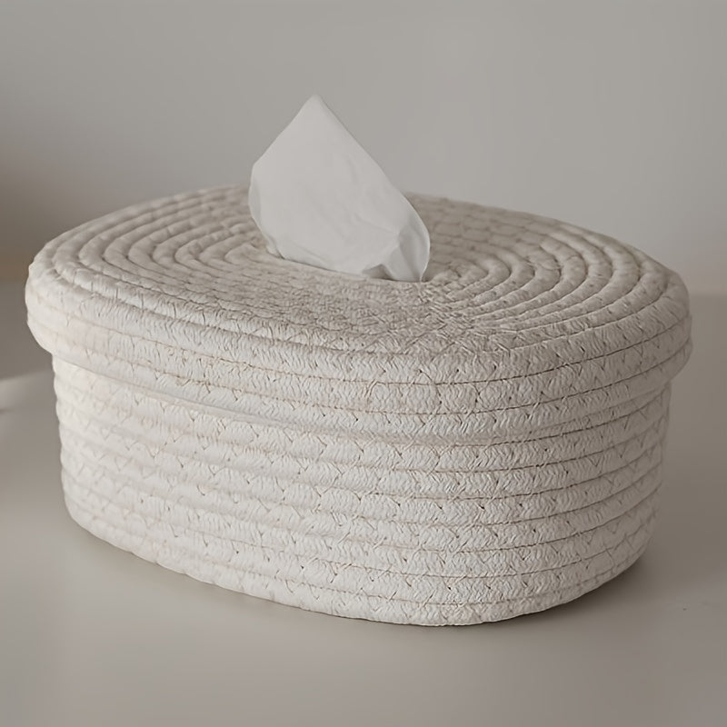 Rustic beige rope-woven tissue box with decorative bow. Ideal for home, car, or commercial use.