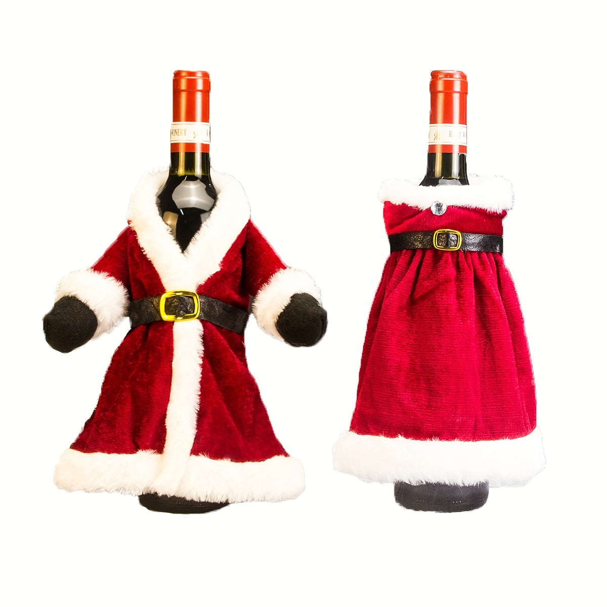 Christmas decoration set including a gold velvet wine bottle cover, a straight tube skirt, and a plush wine bag for holiday dressing up.